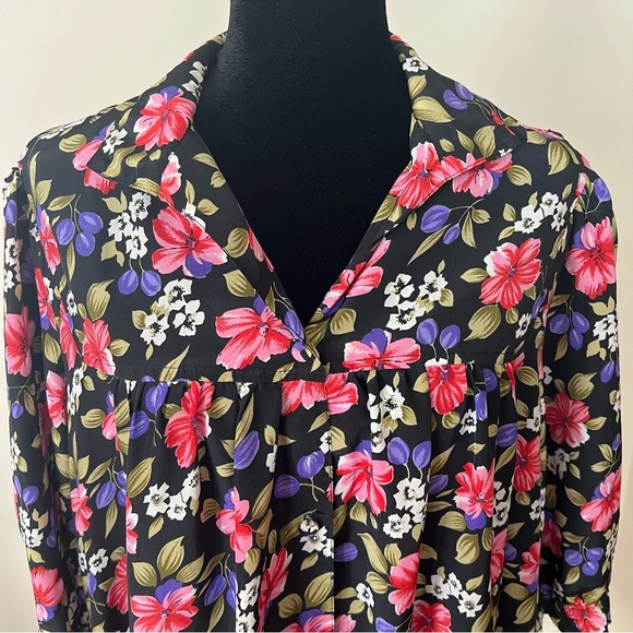 Vintage T&L Muumuu Factory Hawaiian Floral Print Black Pink Purple Maxi Dress - Picture 2 of 8